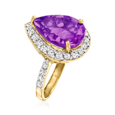 4.90 Carat Pear-Shaped Amethyst and 1.10 ct. t.w. White Topaz Ring in 14kt Yellow Gold