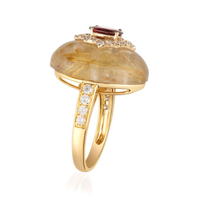 16.00 Carat Rutilated Quartz and .70 Carat Ruby Ring with .64 ct. t.w. Diamond in 14kt Yellow Gold
