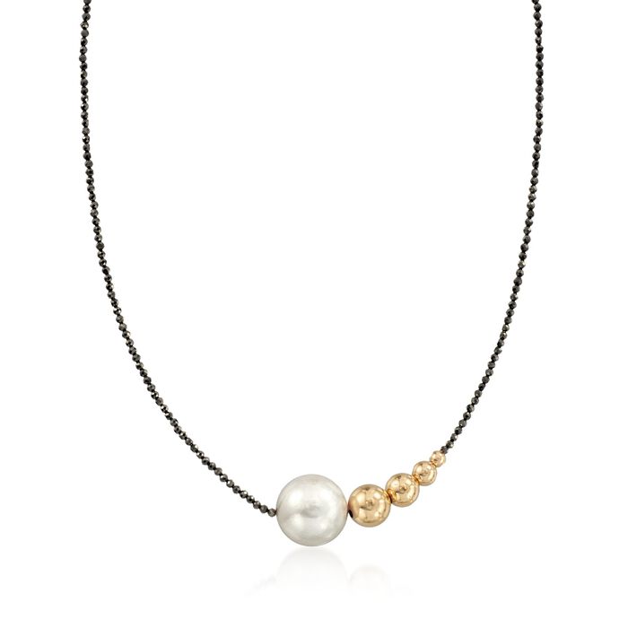 16-17mm Cultured Pearl and 14kt Yellow Gold Graduated Bead Necklace with Black Spinel Beads