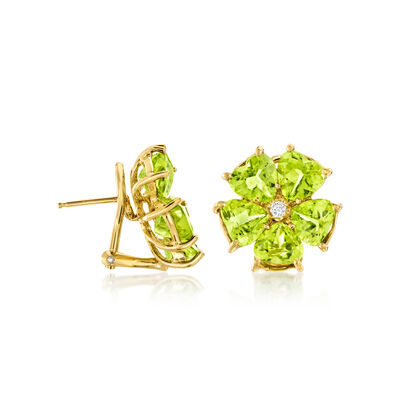 C. 1980 Vintage 11.50 ct. t.w. Peridot and .10 ct. t.w. Diamond Flower Earrings in 18kt Yellow Gold