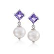 1.10 ct. t.w. Amethyst and 8-8.5mm Cultured Pearl Drop Earrings in Sterling Silver