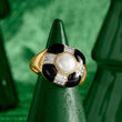 7.5-8mm Cultured Pearl and .10 ct. t.w. White Topaz Ring with Black Enamel in 18kt Gold Over Sterling
