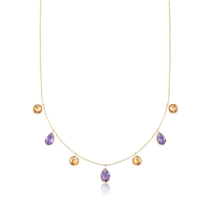 4.10 ct. t.w. Amethyst and 3.40 ct. t.w. Citrine Station Necklace in 14kt Yellow Gold