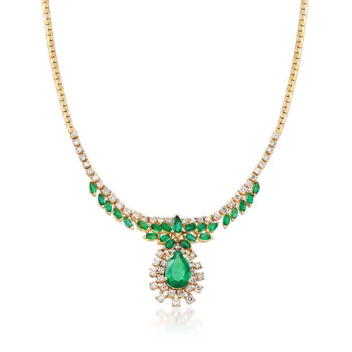 C. 1980 Vintage 6.70 ct. t.w. Emerald and 3.00 ct. t.w. Diamond Necklace in 14kt Yellow Gold