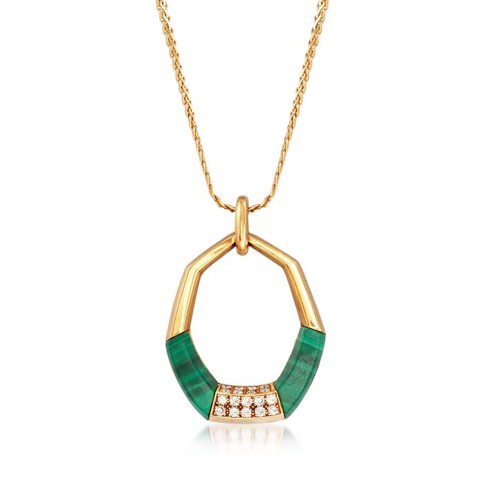 C. 1970 Vintage Malachite and .55 ct. t.w. Diamond Open Pendant Necklace in 14kt Yellow Gold