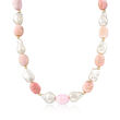 12-14mm Cultured Baroque Pearl and Pink Opal Bead Necklace with 14kt Yellow Gold