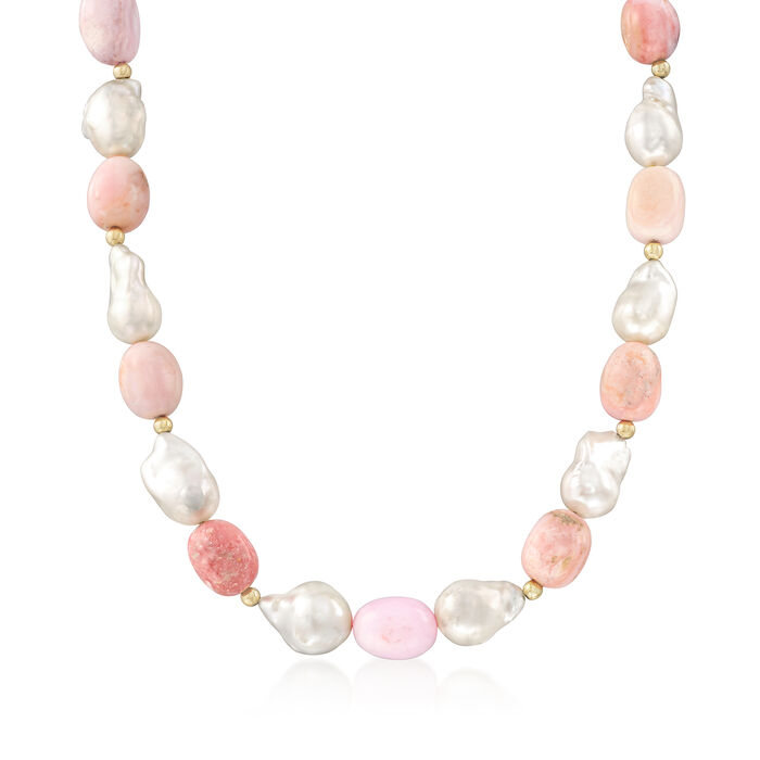 12-14mm Cultured Baroque Pearl and Pink Opal Bead Necklace with 14kt Yellow Gold