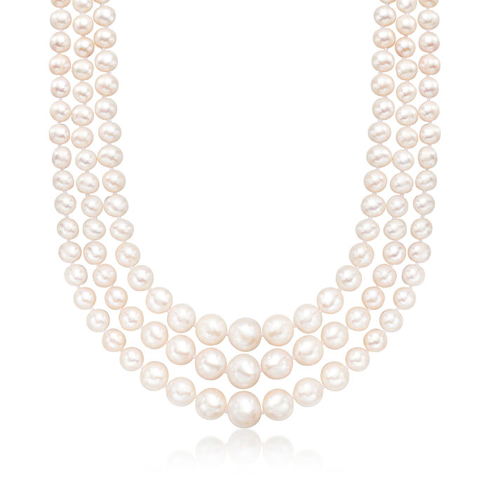 6-11.5mm Cultured Pearl Graduated Three-Strand Necklace with 14kt Yellow Gold