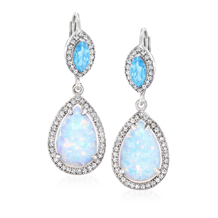 Charles Garnier Synthetic Opal and .50 ct. t.w. Swiss Blue Topaz Drop Earrings with .53 ct. t.w. CZs in Sterling Silver