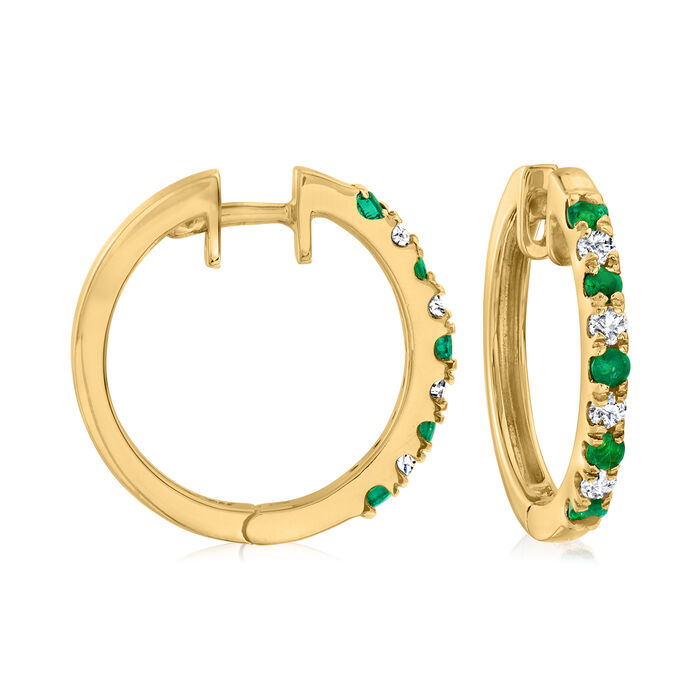 .50 ct. t.w. Emerald and .32 ct. t.w. Diamond Hoop Earrings in 18kt Yellow Gold
