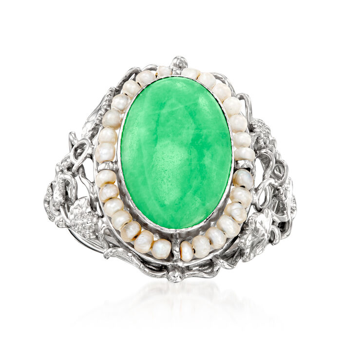 C. 1950 Vintage Jade and Seed Pearl Ring in 14kt White Gold