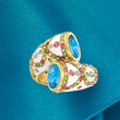 Multicolored Crystal and Blue Crystal Ring with White Enamel in 18kt Gold Over Sterling