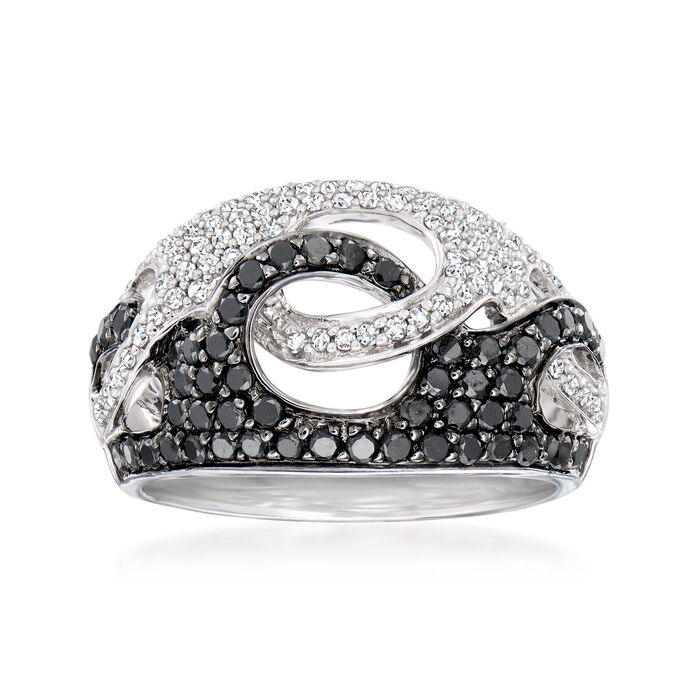 1.12 ct. t.w. Black and White Pave Diamond Interlocking Ring in 14kt White Gold
