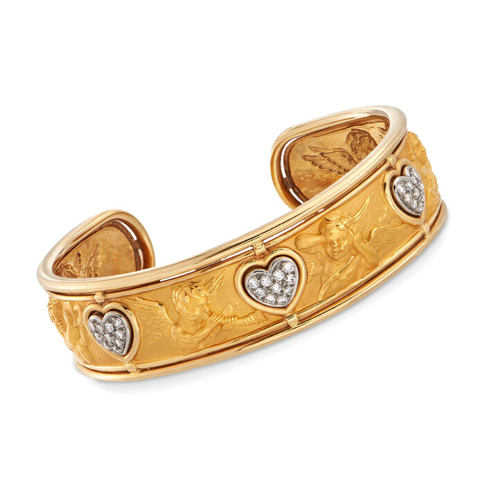 C. 1990 Vintage .65 ct. t.w. Diamond Heart and Embossed Angel Cuff Bracelet in 18kt Gold
