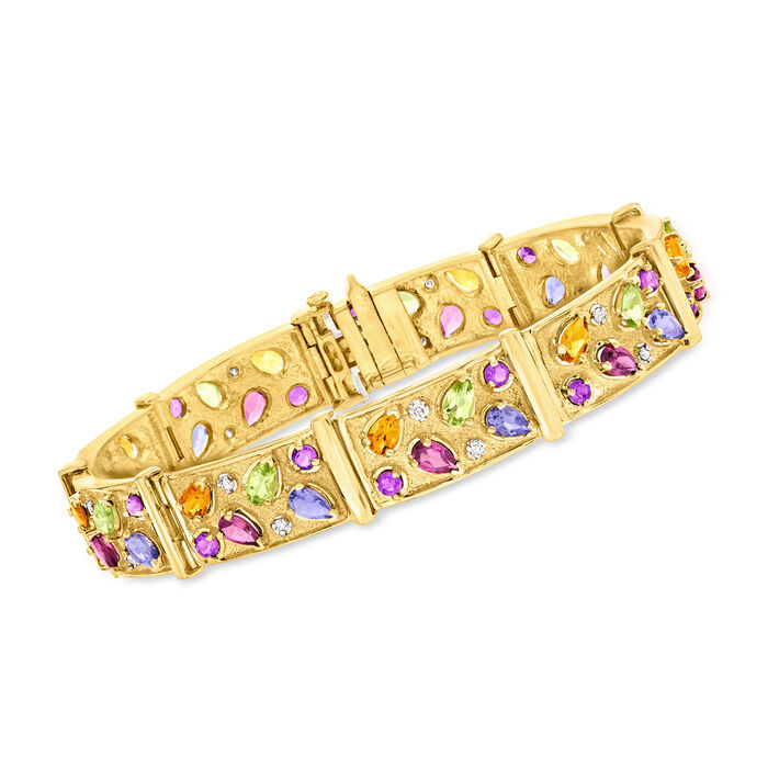 C. 1980 Vintage 6.75 ct. t.w. Multi-Gemstone and .35 ct. t.w. Diamond Mosaic Link Bracelet in 14kt Yellow Gold