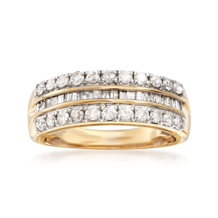 1.00 ct. t.w. Round and Baguette Diamond Three-Row Ring in 14kt Gold Over Sterling