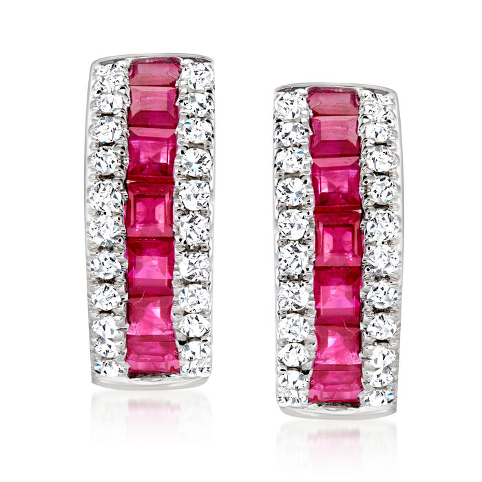 1.10 ct. t.w. Ruby and .30 ct. t.w. Diamond Hoop Earrings in 14kt White Gold    