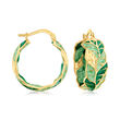 Italian Green Enamel Leaf Vine Hoop Earrings in 14kt Yellow Gold
