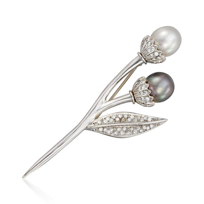 C. 1980 Vintage 12x10.5mm Black and White Cultured Pearl Flower Pin with .90 ct. t.w. Diamonds in 18kt White Gold
