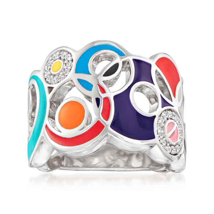 Belle Etoile &quot;Circles&quot; Multicolored Enamel Ring with .10 ct. t.w. CZs in Sterling Silver