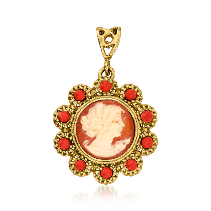 Italian Red Coral and Orange Shell Cameo Pendant in 18kt Gold Over Sterling