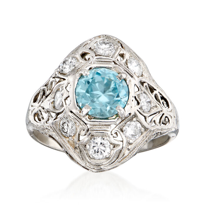 C. 1950 Vintage 1.75 Carat Blue Zircon and .65 ct. t.w. Diamond Filigree Ring in 14kt White Gold
