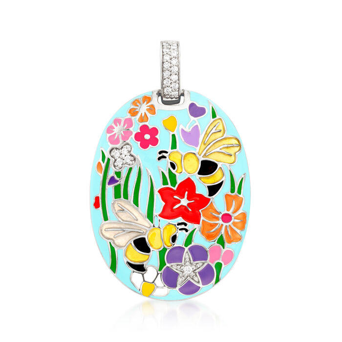 Belle Etoile &quot;Bee Garden&quot; Multicolored Enamel and .10 ct. t.w. CZ Pendant in Sterling Silver