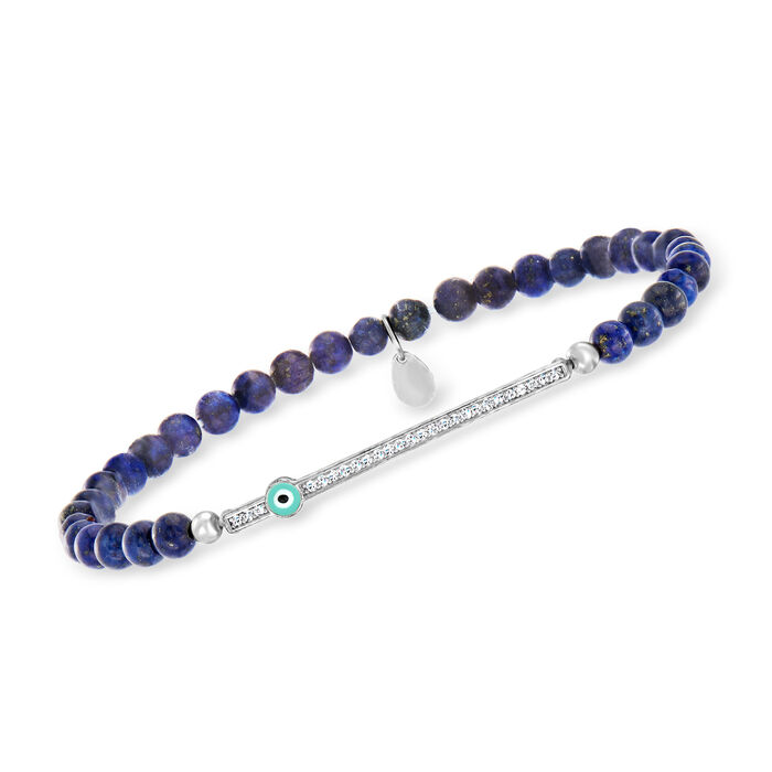Lapis and .10 ct. t.w. CZ Evil Eye Stretch Bracelet in Sterling Silver