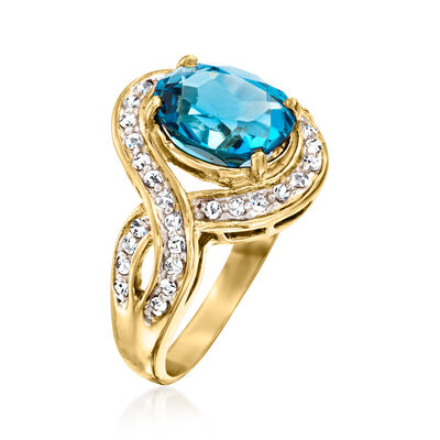 C. 1990 Vintage 3.35 Carat Swiss Blue Topaz and .40 ct. t.w. Diamond Ring in 10kt Yellow Gold
