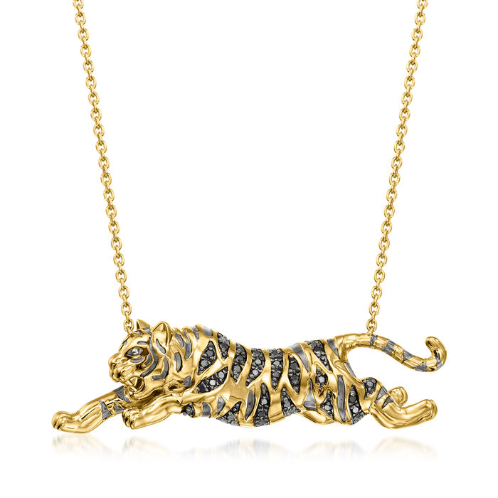 .15 ct. t.w. Black Diamond Leaping Tiger Necklace in 18kt Gold Over Sterling