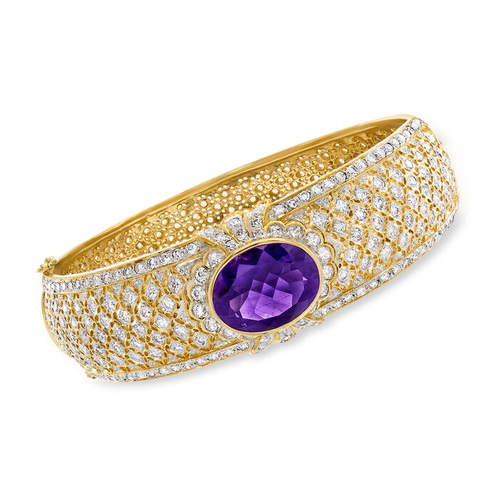 C. 1980 Vintage 10.00 Carat Amethyst and 4.50 ct. t.w. Diamond Bangle Bracelet in 18kt Yellow Gold