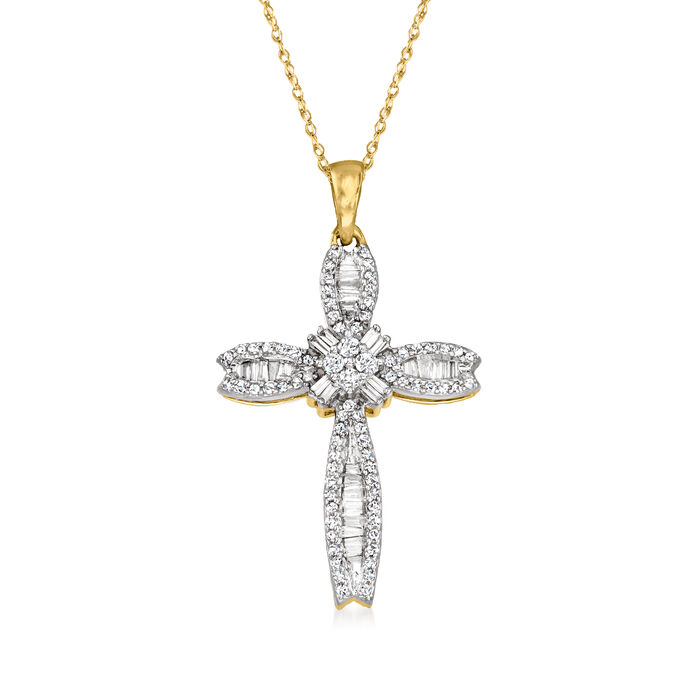 .40 ct. t.w. Baguette and Round Diamond Cross Pendant Necklace in 14kt Yellow Gold