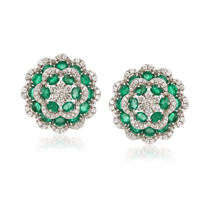 6.20 ct. t.w. Emerald and 1.90 ct. t.w. Diamond Flower Earrings in 18kt White Gold