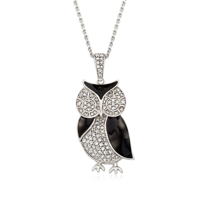 .50 ct. t.w. Diamond and Black Enamel Owl Pendant Necklace in Sterling Silver