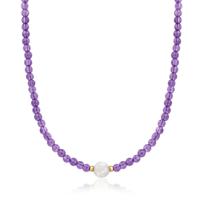 9mm Cultured Pearl and 55.00 ct. t.w. Amethyst Bead Necklace with 18kt Gold Over Sterling