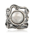 11mm Cultured Pearl Openwork Sea Life Ring in Sterling Silver