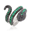 1.80 ct. t.w. Black Spinel and .90 ct. t.w. Emerald Snake Bypass Ring in Sterling Silver