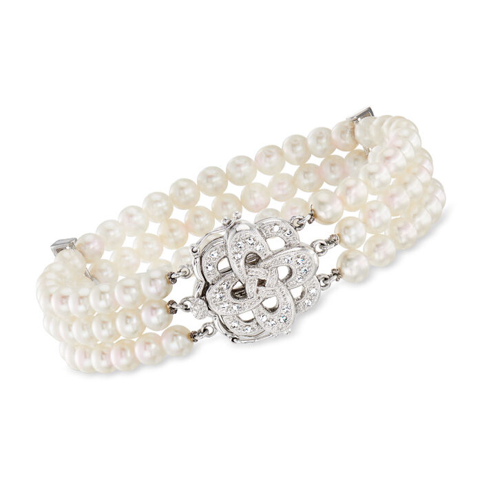 C. 1990 Vintage 5mm Cultured Pearl Three-Row Bracelet with .34 ct. t.w. Diamond Clasp in 14kt White Gold