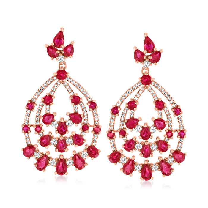 7.20 ct. t.w. Ruby and 1.10 ct. t.w. Diamond Drop Earrings in 14kt Rose Gold