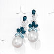 8.5-9mm Cultured Pearl and 2.30 ct. t.w. London, Sky Blue and White Topaz Drop Earrings in Sterling Silver