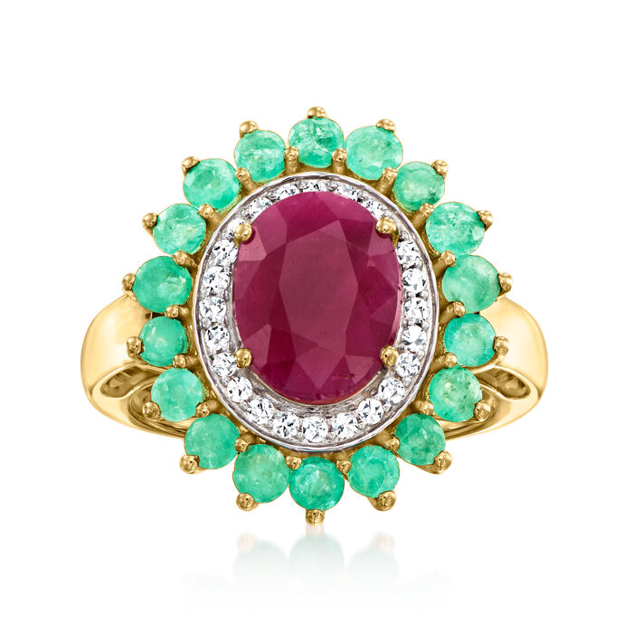 3.30 Carat Ruby Ring with 1.00 ct. t.w. Emeralds and .19 ct. t.w. Diamonds in 14kt Yellow Gold