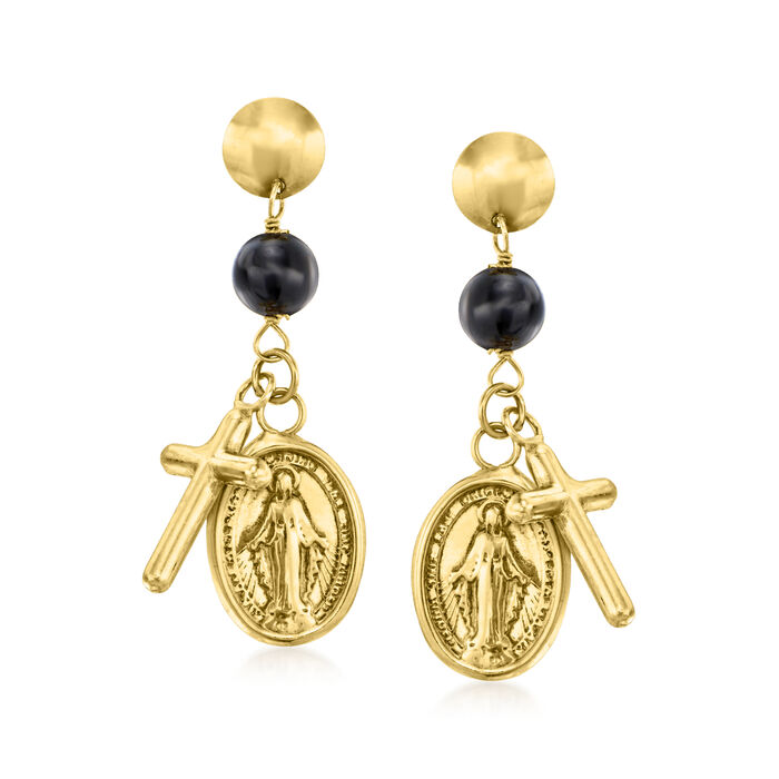 Italian 4mm Onyx Bead Rosary Drop Earrings in 18kt Yellow Gold