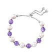 8-9mm Cultured Pearl and 20.00 ct. t.w. Amethyst Bead Bolo Bracelet in Sterling Silver