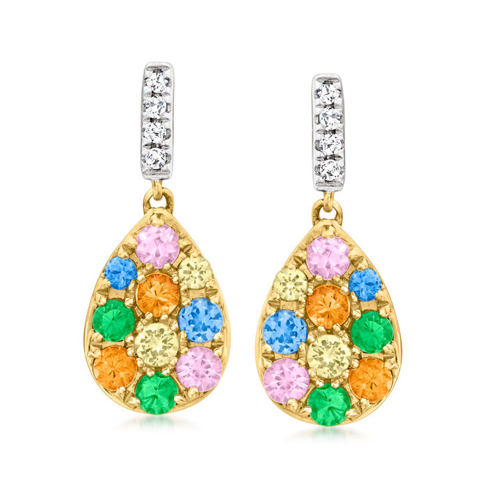 .60 ct. t.w. Multicolored Sapphire and .20 ct. t.w. Tsavorite Drop Earrings with Diamond Accents in 14kt Yellow Gold