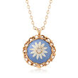 C. 1980 Vintage 14kt Yellow Gold and Multicolored Porcelain Flower Pendant With Diamond Accent