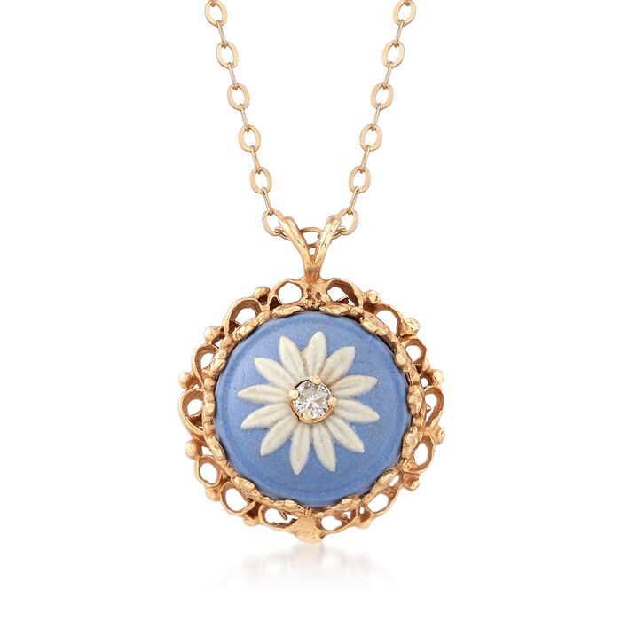C. 1980 Vintage 14kt Yellow Gold and Multicolored Porcelain Flower Pendant With Diamond Accent