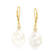 12-13mm Cultured Pearl and .10 ct. t.w. Diamond Drop Earrings in 14kt Yellow Gold