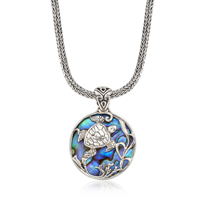 Abalone Shell Bali-Style Turtle Pendant Necklace in Sterling Silver