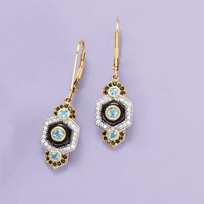 1.10 ct. t.w. Multi-Gemstone Vintage-Style Drop Earrings with Black Enamel in 14kt Yellow Gold