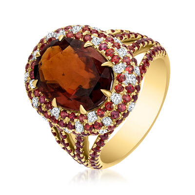 6.50 Carat Hessonite Garnet Ring with 2.60 ct. t.w. Orange Sapphire and .28 ct. t.w. Diamonds in 18kt Yellow Gold